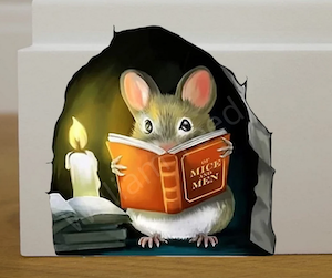 a wall decal of a mouse reading a book inside a wall nook