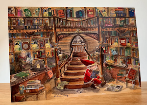 advent calendar illustration with elf sitting on steps inside a library