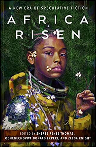 Africa Risen: A New Era of Speculative Fiction; painting of a young Black woman in a yellow astronaut suit holding little white flowers