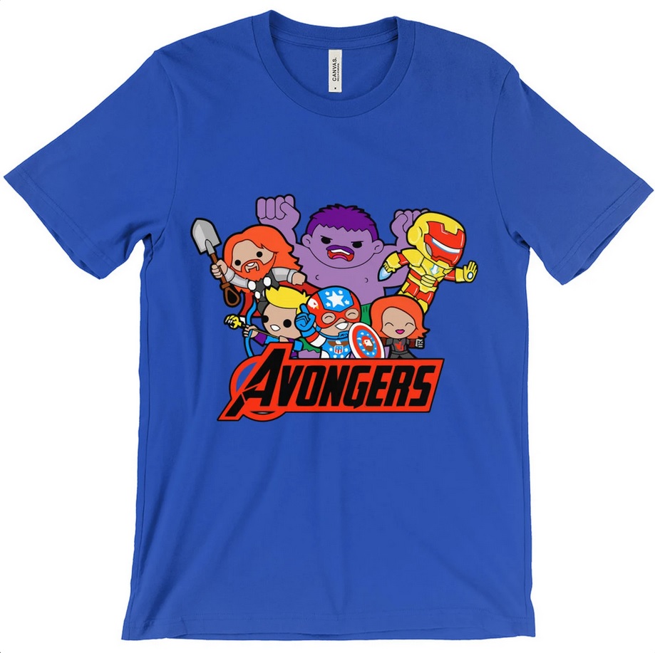 A blue t-shirt with an image of the bootleg Avongers