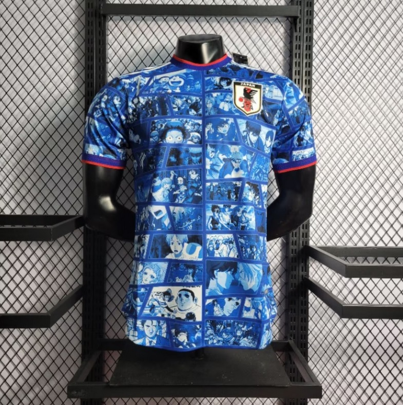 A blue soccer jersey featuring images of various manga and anime characters