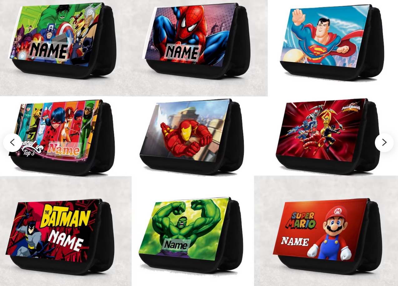 Nine pencil cases, each featuring a different superhero (or Mario)