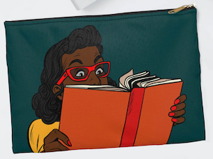 a pouch with a screenprint image of a black woman with red glasses reading a book