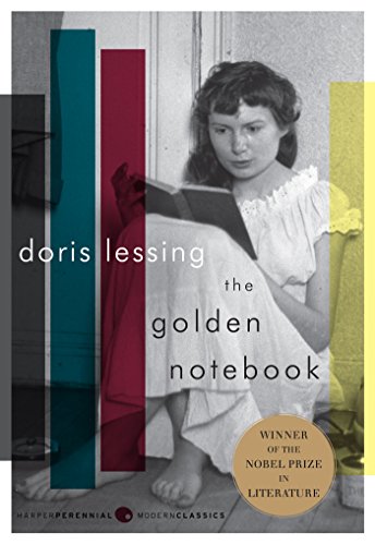 cover of The Golden Notebook by Doris Lessing; photo of a young woman in a white nightdress reading a book