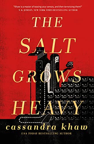 cover of The Salt Grows Heavy by Cassandra Khaw; illustration of a plague doctor and a long-haired skeleton holding a skull over a pile of skulls
