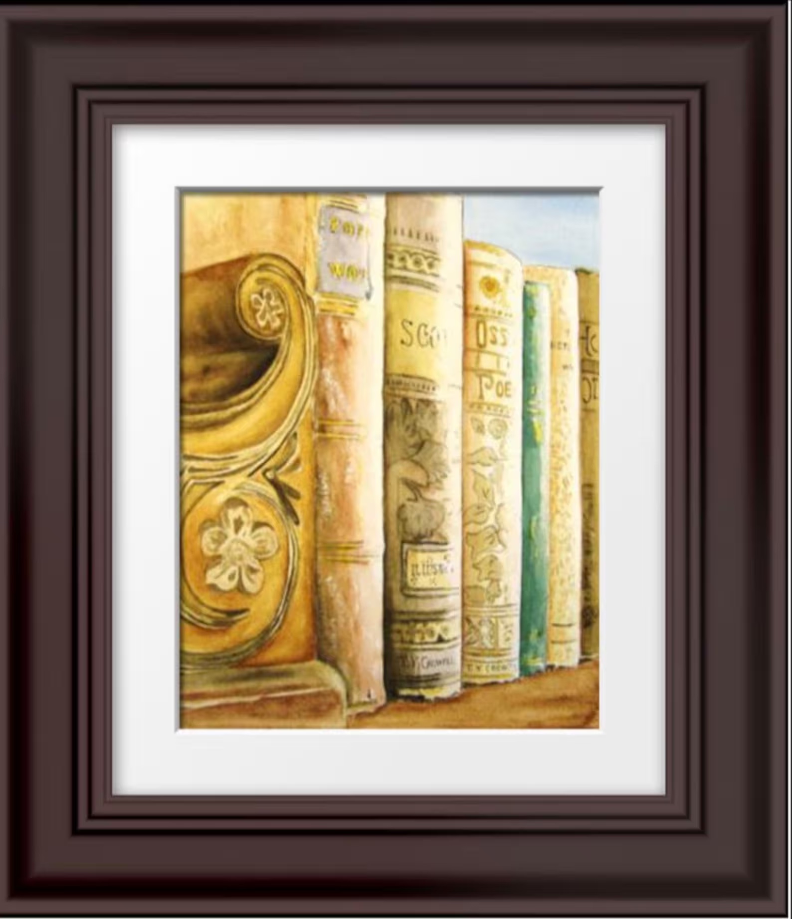a photo of a water color illustration of books sitting on a shelf