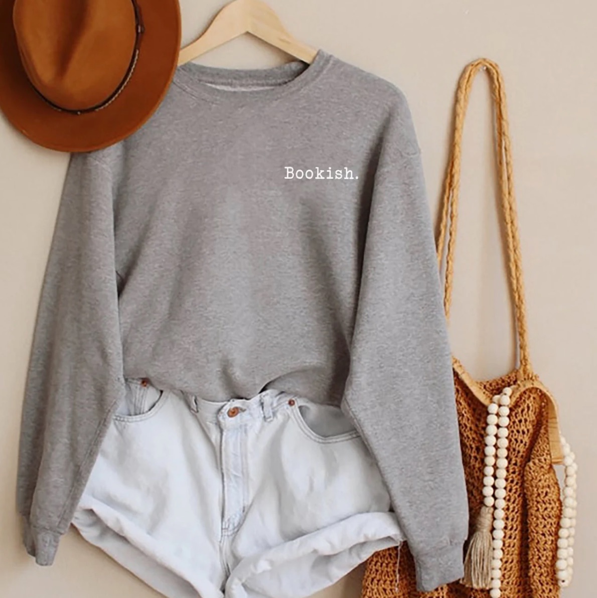 gray sweatshirt with the word "bookish" in white text.