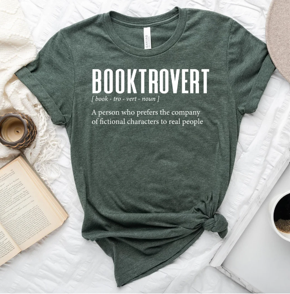 dark green tshirt with the word Booktrovert on the chest