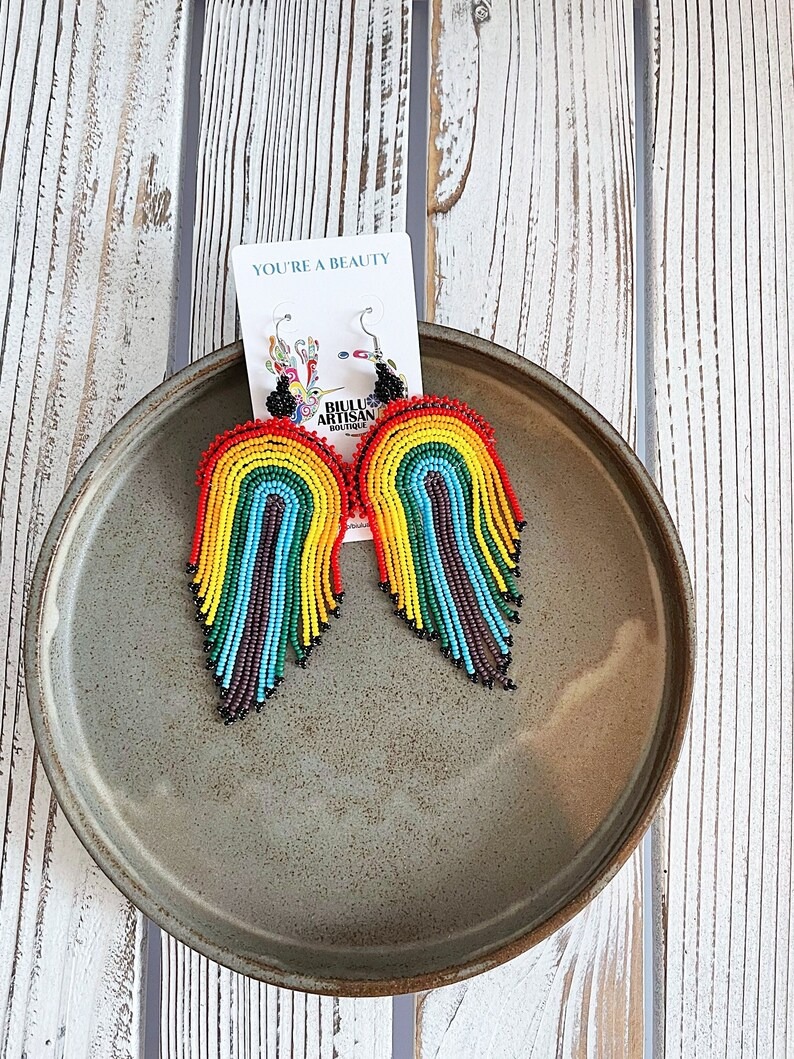 a photo of rainbow chandelier beaded earrings