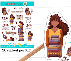 sticker sheet with bookish stickers including of a brown girl reading and holding books