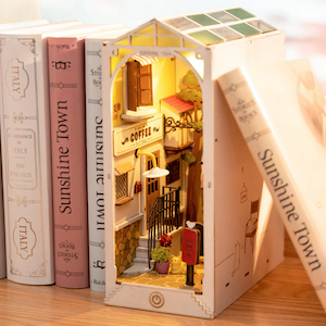 a DIY kit to make a little book shop to slide between books on bookshelf