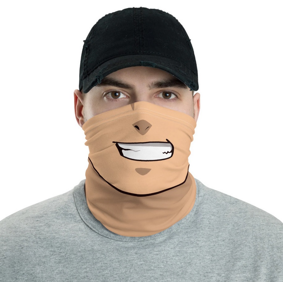 A man modeling a flesh-colored gaiter with a drawing of an anime-style nose and mouth on it