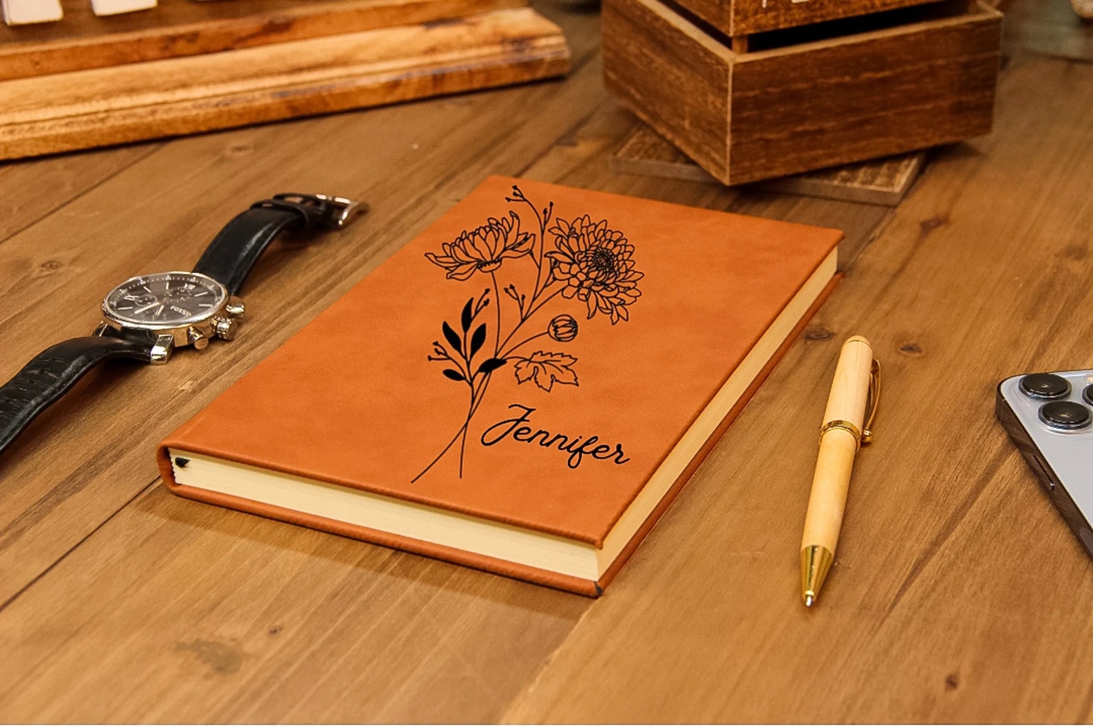 a photo of a leather journal with a flower embossed on the cover