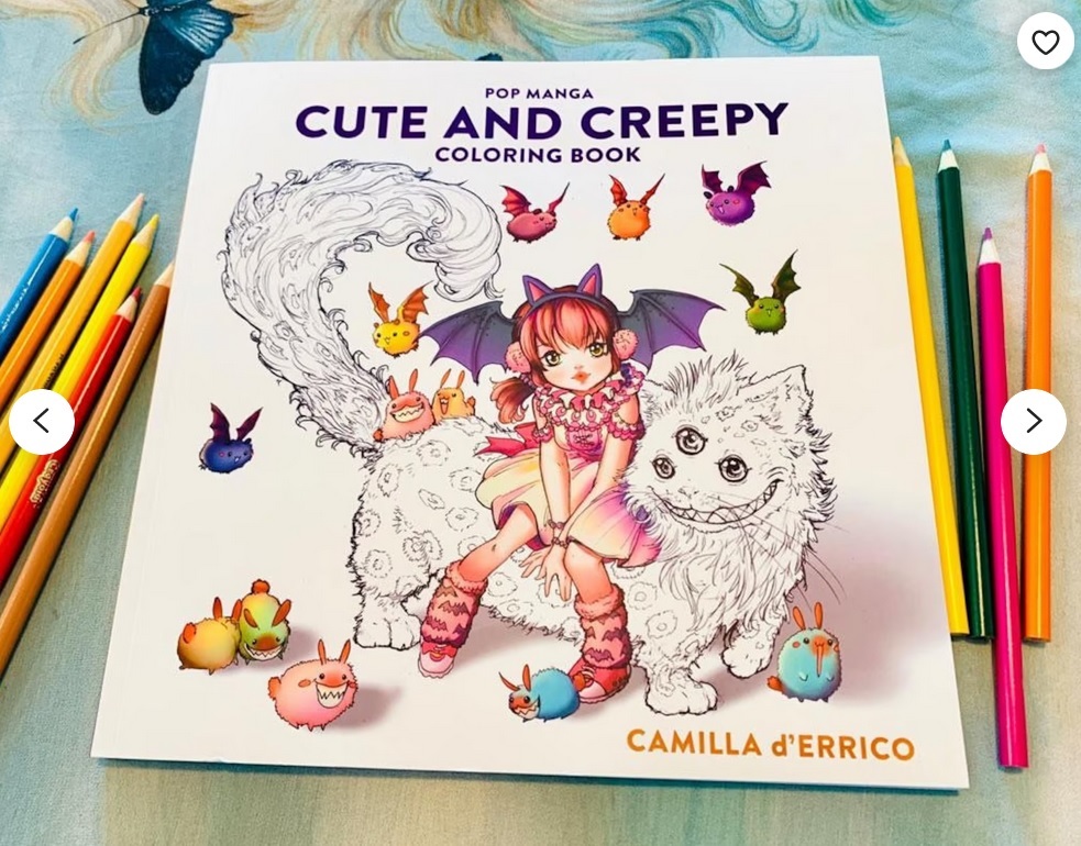 A closed coloring book featuring a cute pink-haired girl sitting on a large, three-eyed cat surrounded by round bat-like creatures