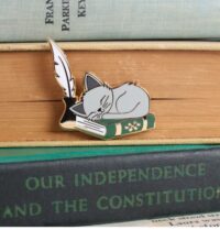 picture of sleepy book kitty pin