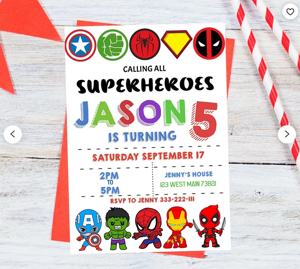 A colorful birthday invitation featuring superhero logos and doodles of the heroes themselves