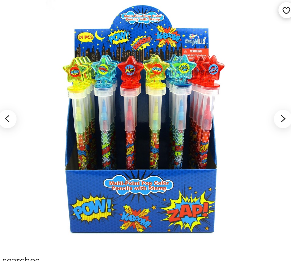 A box of stackable crayons with onomatopoeias on top