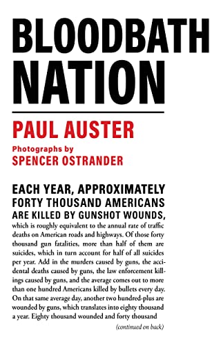 cover of Bloodbath Nation by Paul Auster; black and white text for title and then the opening of the book, typed right on the cover