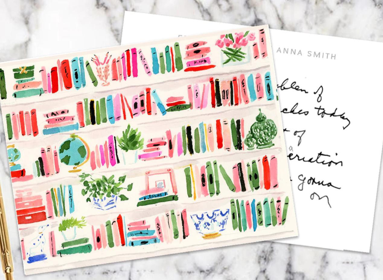 Stationery with painted bookshelves on the card