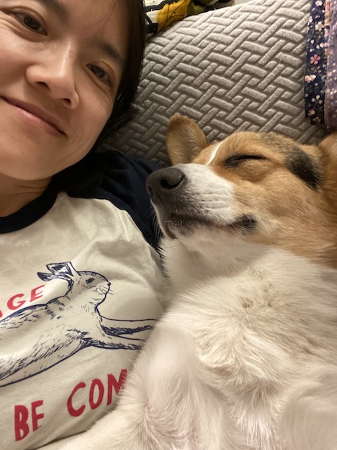 Author and her corgi dog