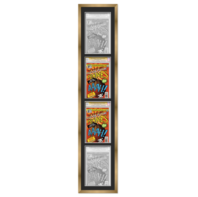 a photo of a long wood frame that accommodates four comic books, one on top of the other