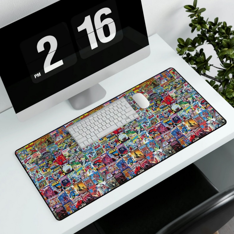 A keyboard and mouse sitting atop a polyester mat covered in images of vintage comics covers