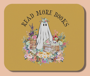 a mouse pad with a graphic of a ghost and books that says "read more books"