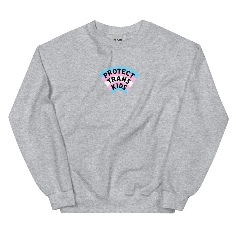 a photo of a sweatshirt with a trans flag and the text Protect Trans Kids