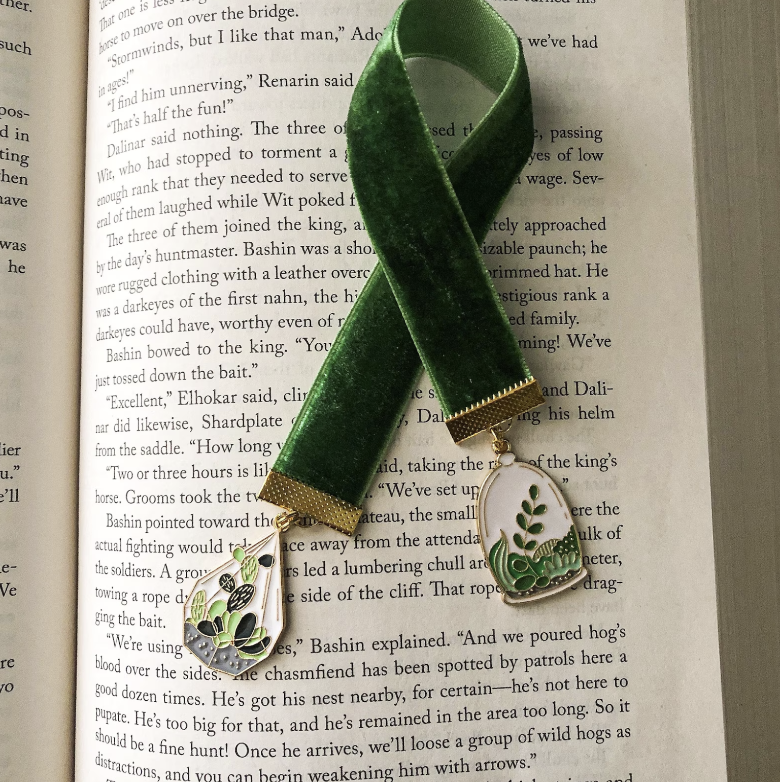Green Velvet Ribbon Bookmark with Terrarium Charms