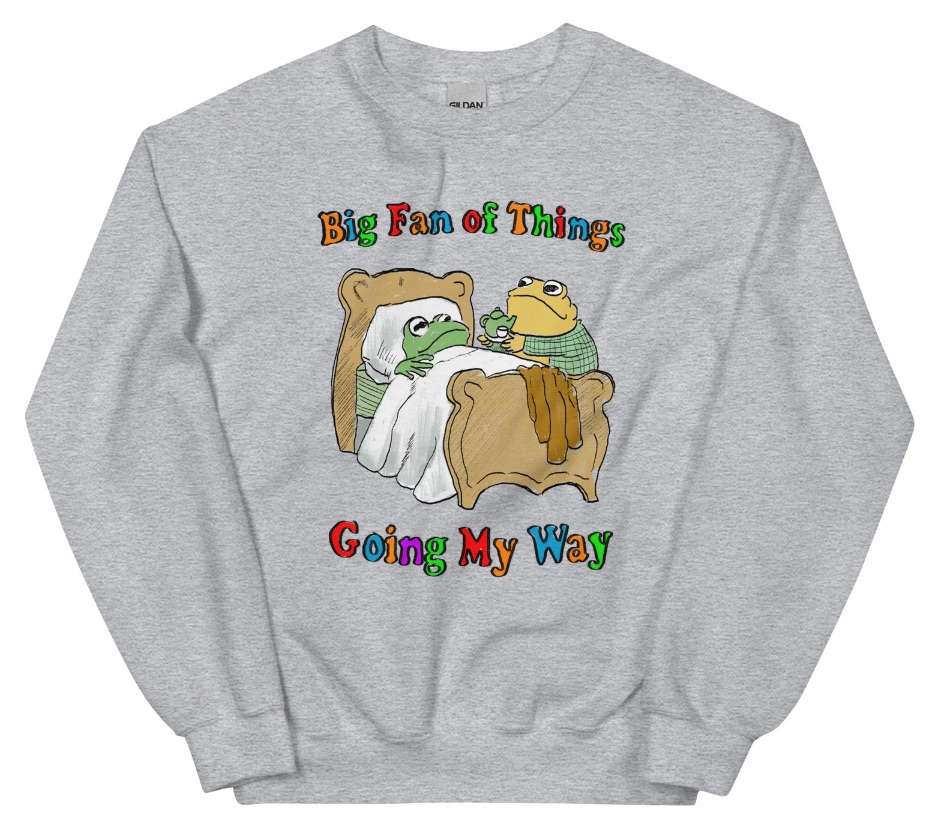 Image of a sweatshirt paying homage to the frog and toad characters.