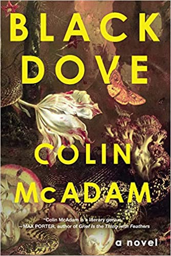 cover of Black Dove by Colin McAdam; paiting of several gflowers, leaves, and butterflies, with blood splatter on one of the flowers