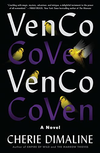 cover of VenCo by Cherie Dimaline; black with purple and white font, and several yellow birds flying around the letters