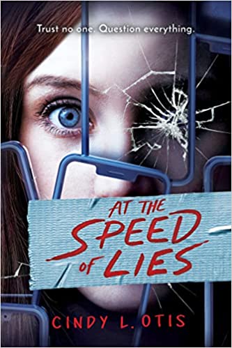 cover of At the Speed of Light by Cindy L. Otis, showing the face of a young women with reddish brown hair, blue eyes, and white skin peering from behind pane of cracked glass
