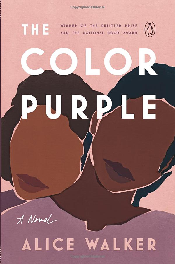 cover of The Color Purple by Alice Walker, showing illustrations of two Black women leaning on one another. Their faces are featureless except for lips.