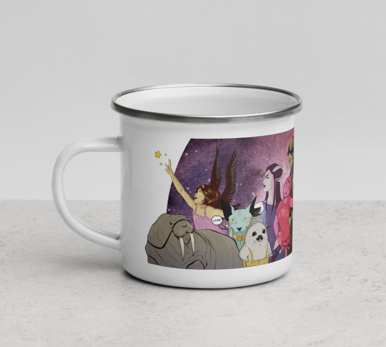 White enamel campfire mug featuring character art from the graphic novel Saga. 