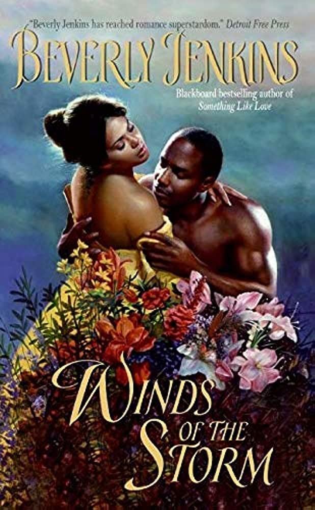 cover of Winds of the Storm, showing a Black woman in a yellow off-shoulder dress leaning backwards with a shirtless Black man caressing her shoulder