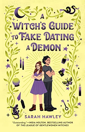 cover of A Witch's Guide to Fake Dating a Demon by Sarah Hawley; illustration of man and woman standing back to back against a yellow background