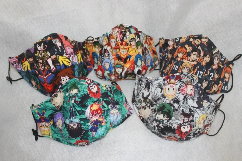A set of face masks featuring anime characters