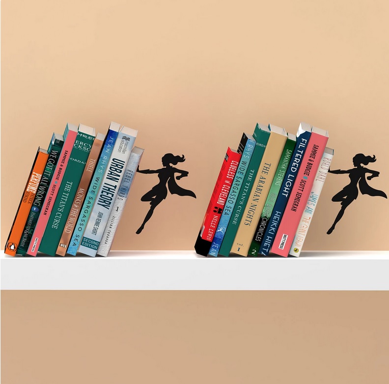 A bookend set that allows the books to rest on a slant while being "held up" by a metal superhero cut-out