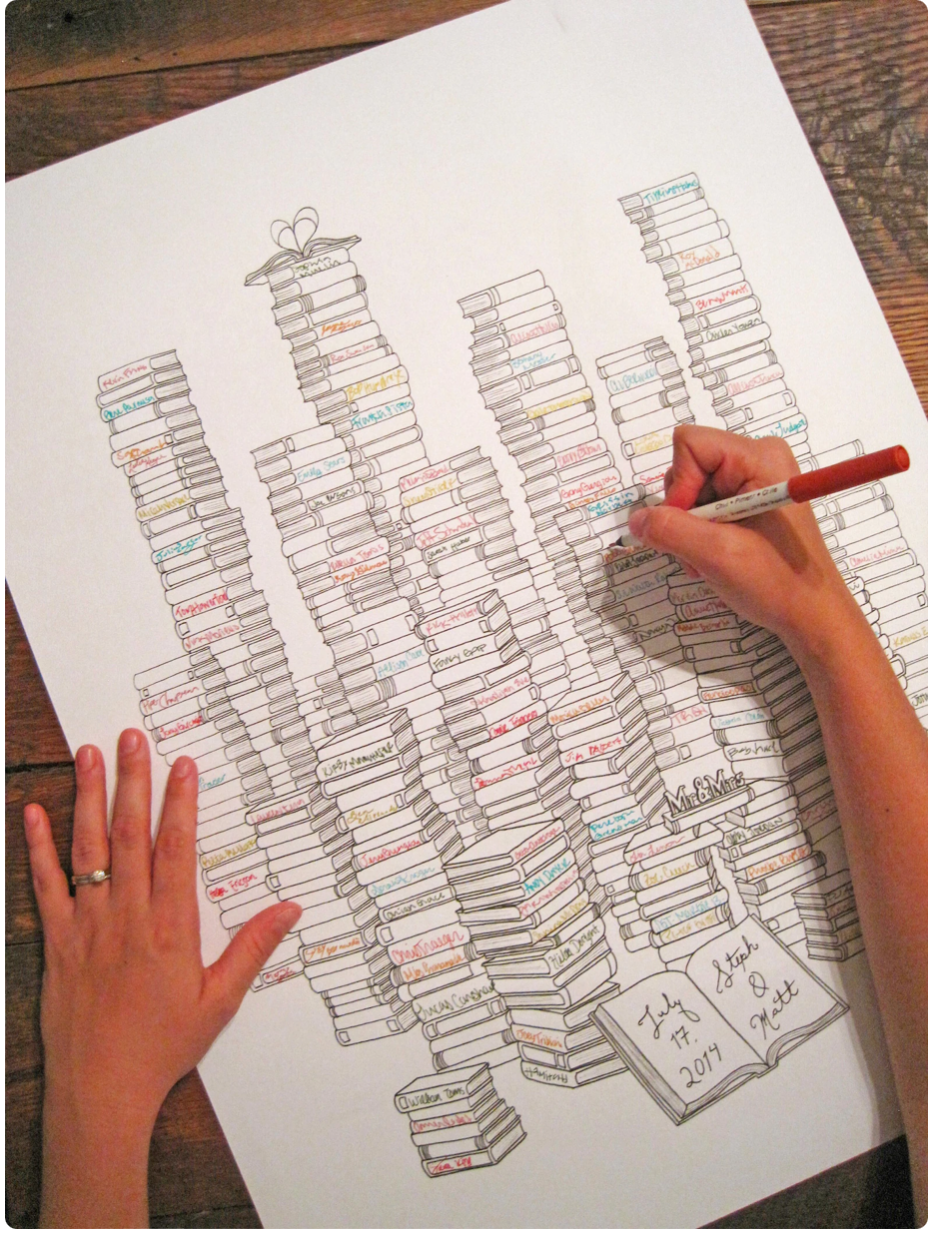 Stacks of books on a poster for guests to sign in lieu of guestbook