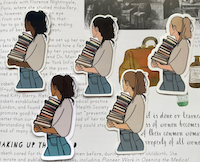 a graphic art sticker of women with different skin colors holding a large stack of books against their chest while looking away