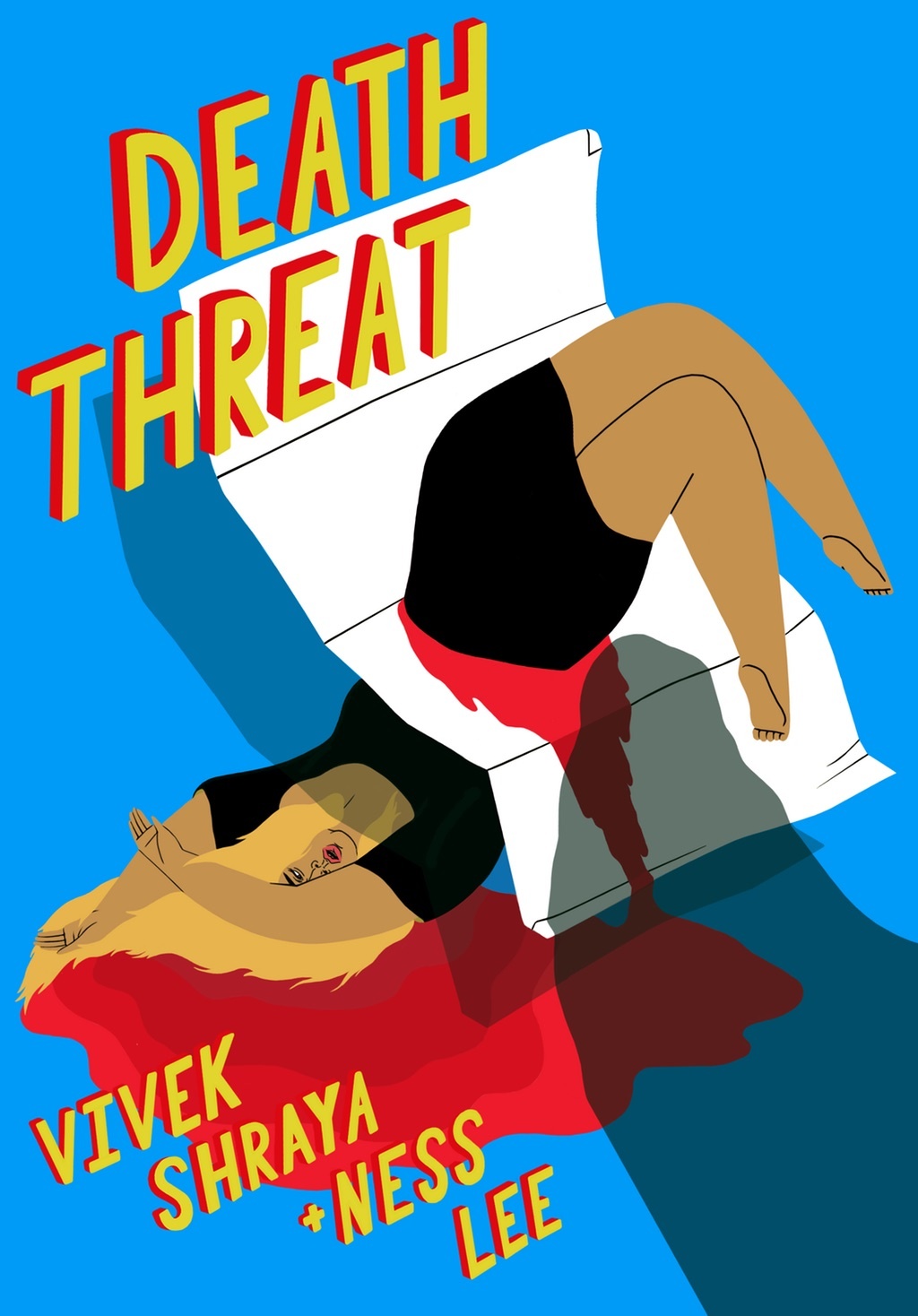 the cover of Death Threat, showing an illustration of a Brown woman bloodily bisected by a piece of paper