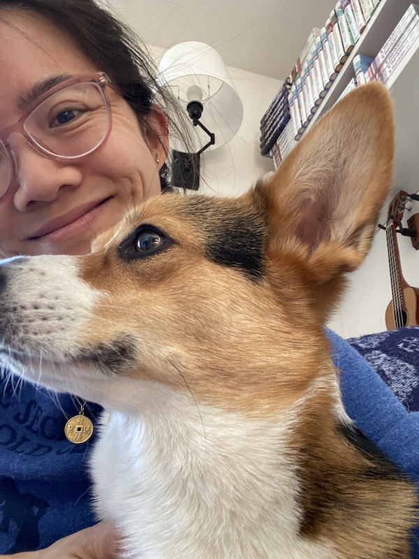 The newsletter writer and her tri-color corgi