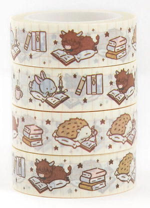 washi tape in beige with graphic design images of animals reading books