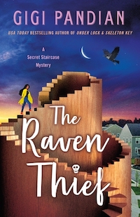 cover image for The Raven Thief; illustration of a woman walking up a staircase to the sky