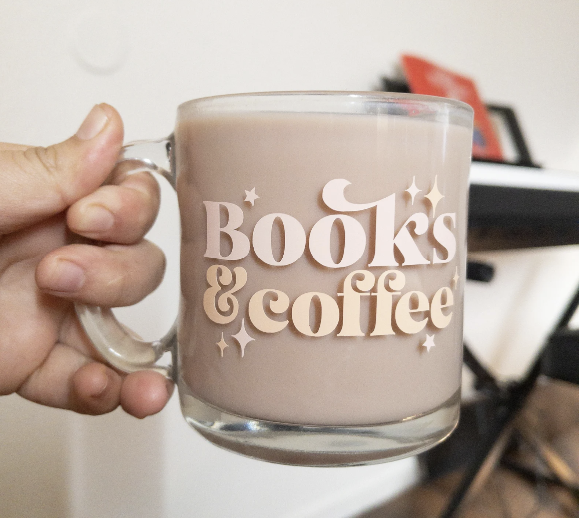 Glass Coffee Mug with Text reading "Books & Coffee" in fun font