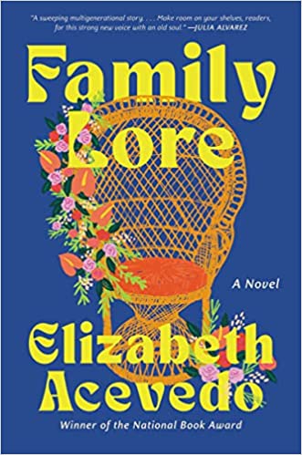 cover of Family Lore by Elizabeth Acevedo; wicker chair with a red cushion and flowers growing up one side