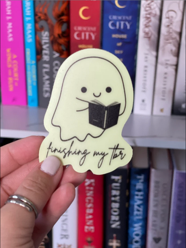 glow in the dark "finishing my tbr" vinyl ghost sticker by fantasyfawndesigns