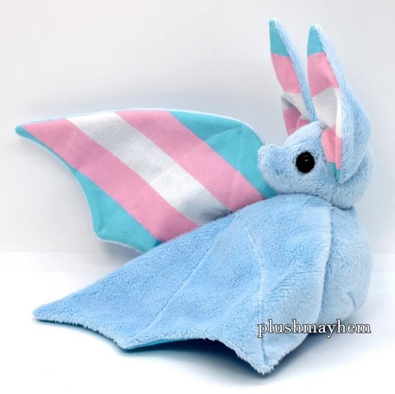 a bat plushie with the trans flag on its wings