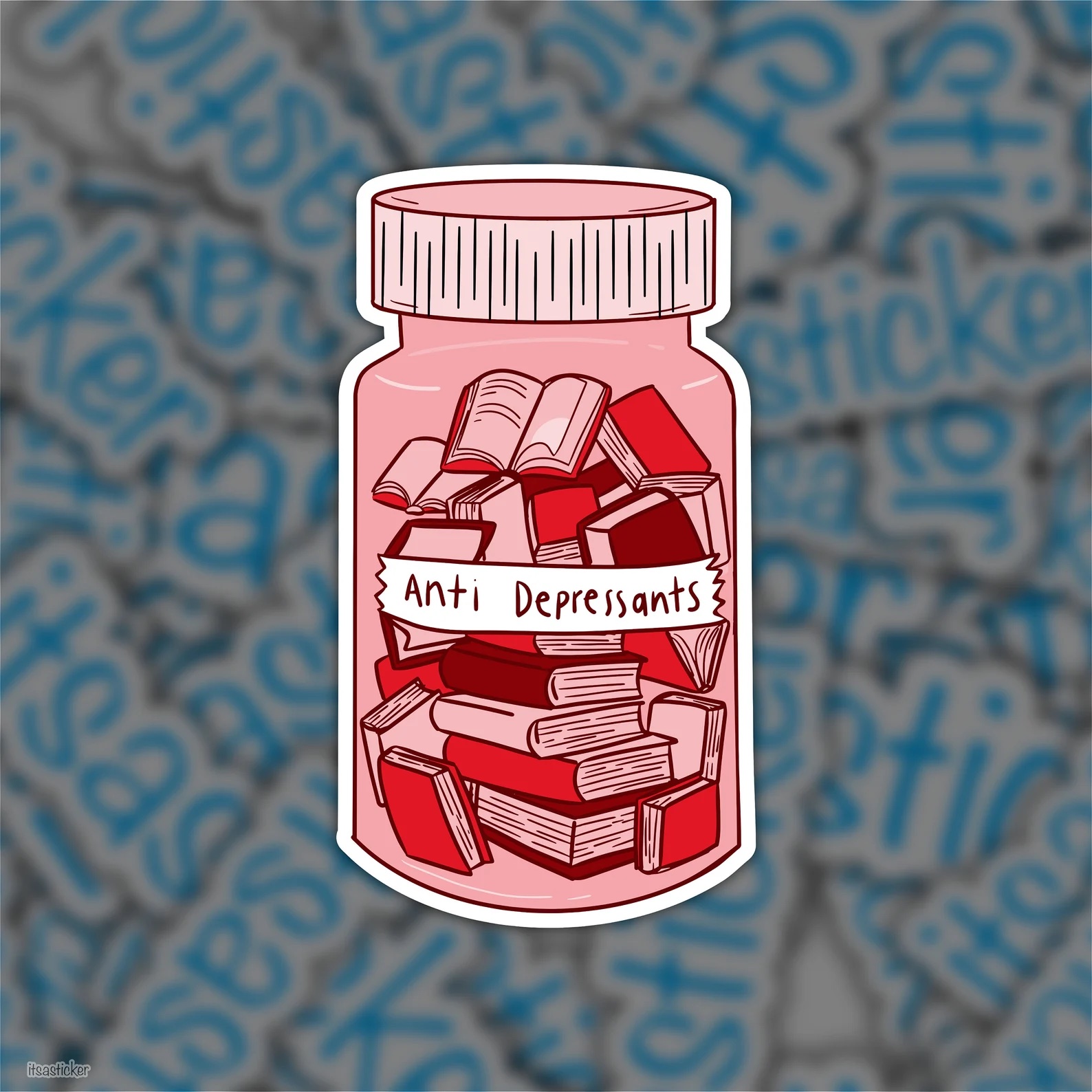 a photo of a sticker of a red pill bottle fills with tiny books